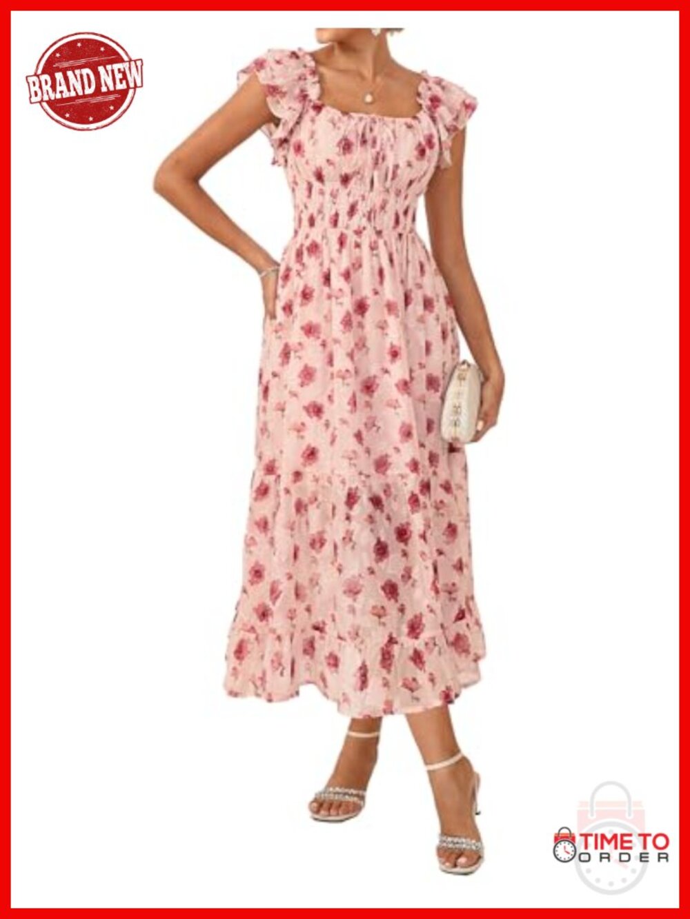 Floral Midi Dress Square Neck Ruffle Sleeve A Line Smocked Waist Beach Wedding